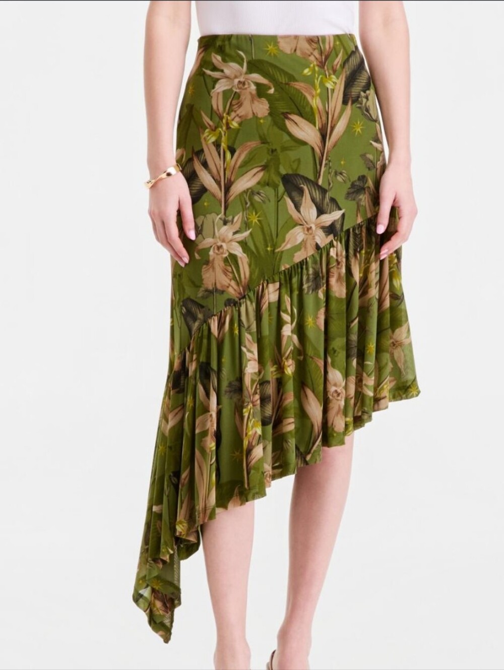 I.N.C Green Floral Asymmetrical Mesh Skirt